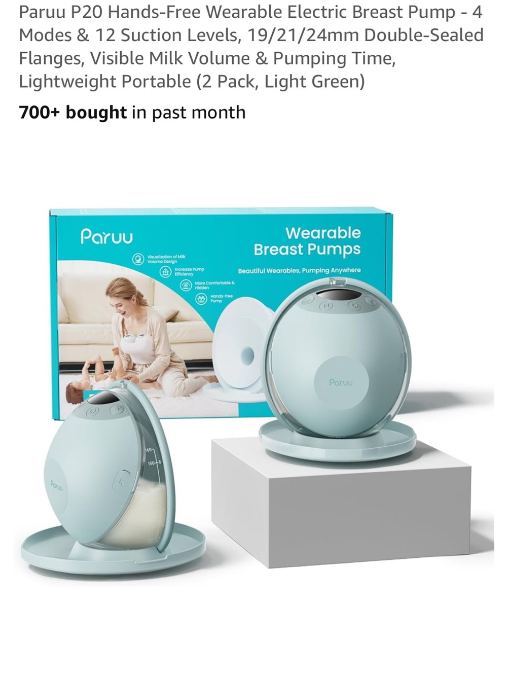 Like New Paruu P20 Hands-Free Wearable Electric Breast Pump - 2 pack Light Green